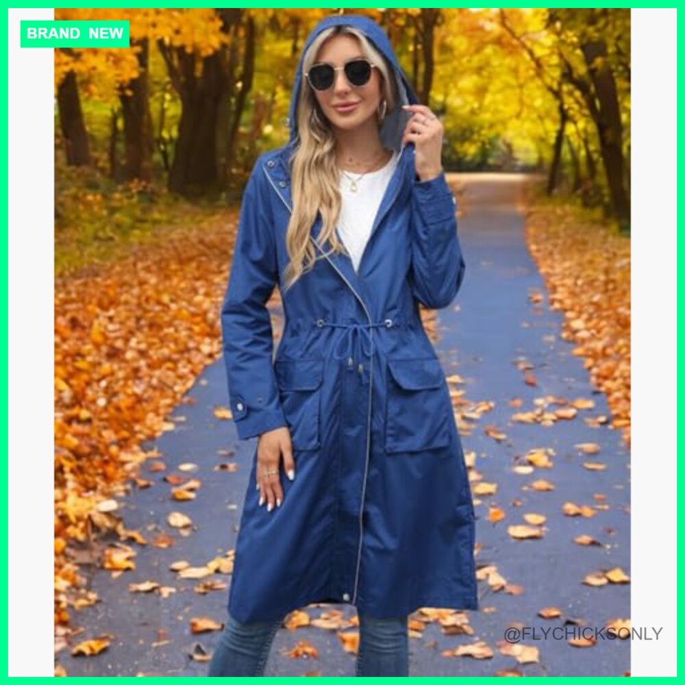 Waterproof Polyester Long Rain Jacket Hooded Tren… - image 5